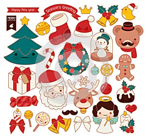 Collection of lovely Christmas doodle icon, cute snowman, adorable angel, sweet wreath , kawaii gingerbread , girly xmas ornament