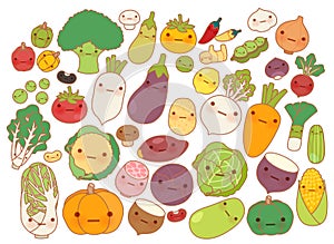 Collection of lovely fruit and vegetable icon , cute carrot , adorable turnip , sweet tomato , kawaii potato, girly corn
