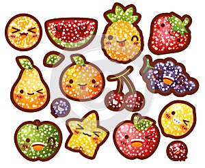 Collection of lovely glitter fruit , fruit with sugar coat doodle icon, cute strawberry, sweet orange, kawaii berry in childlike