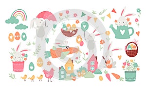Collection of lovely hand drawn easter designs with cute typography, sweet hand drawn bunnies, eggs and decoration - vector design