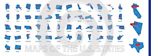 Collection of low-polygon maps of U.S. states with a state capital sign