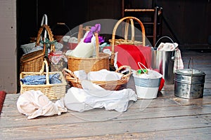 Collection of Lunches in Baskets, Pails and Bags