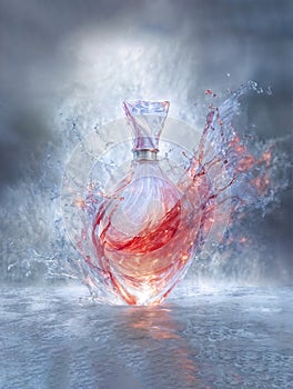 Perfume bottle with splashes for luxury advertising