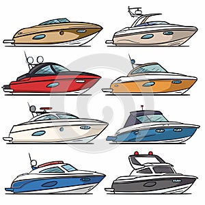 Collection luxury boats illustrated various colors designs. Motorboats cabin cruisers watercraft photo