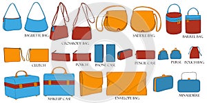 Collection of luxury modern accessories. Coloring set of stylish bags.