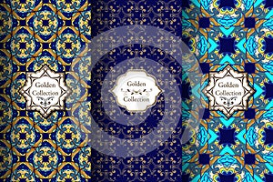 Collection of luxury oriental patterns of blue and gold. Victorian damask seamless pattern. Golden vintage design elements. Elegan