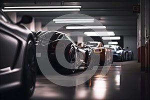 Collection of luxury sport generic and unbranded cars in a garage, ai generative illustration