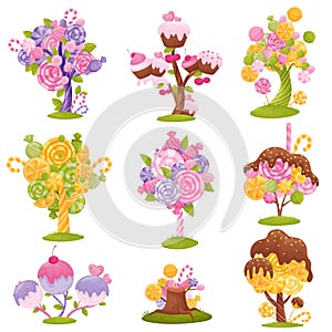 Collection of magical trees and bushes with candy, lollipops and ice cream on the branches. Vector illustration on white