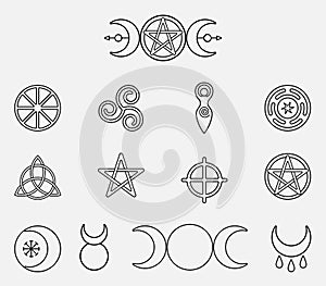 Collection of magical wiccan and pagan symbols: pentagram, triple moon, horned god, triskelion, solar cross, spiral