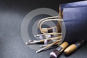 Collection of makeup brushes with wooden handles in the blue paper bag.Dark background, empty space for design