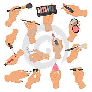 Collection of makeup cosmetics and brushes in hands isolated on white background vector illustration.