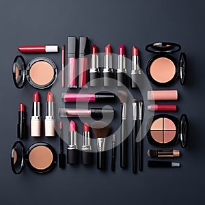 Collection of makeup essentials on dark background