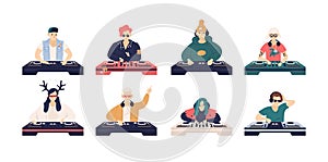 Collection of male and female DJ`s isolated on white background. Bundle of cute funny disc jockeys playing music records