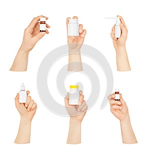 Collection of man's hands with a bottle