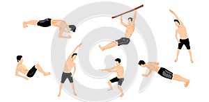 Collection of Man Workout. Man doing calisthenic and yoga exercises.