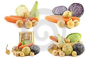 Collection of many fresh winter vegetables and some in a wooden crate