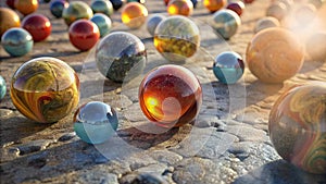 a collection of marbles on the ground with various colored marbles