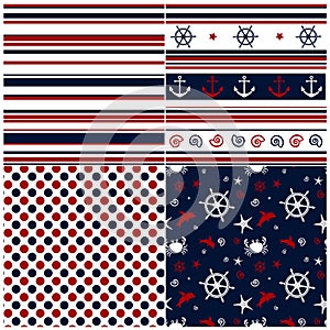 Collection of marine backgrounds in dark blue, red