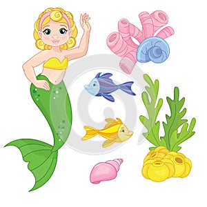 Collection of marine inhabitants in the cartoon style of children. Vector set with sea animals and a mermaid