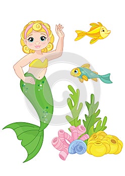 Collection of marine inhabitants in the cartoon style of children. Vector set with sea animals and a mermaid