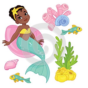 Collection of marine inhabitants in the cartoon style of children. Vector set with sea animals and a mermaid