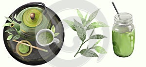 Collection of matcha green tea : matcha, bamboo matcha whisk, a cup of matcha and teapot. Ingredient for chinese and