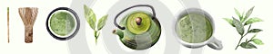 Collection of matcha green tea : matcha, bamboo matcha whisk, a cup of matcha and teapot. Ingredient for chinese and