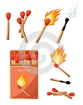 Collection of matches. Burning match with fire, opened matchbox, burnt matchstick. Flat design style. Vector