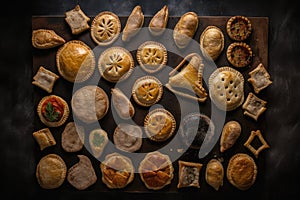 collection of meat pies, each in different shape and size