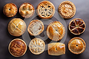 collection of meat pies, each in different shape and size
