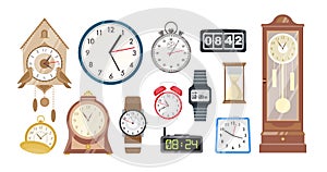 Collection of mechanical and electronic clocks, watches and hourglass isolated on white background. Set of devices to to