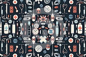 A collection of medical icons styled as a seamless pattern on a dark background