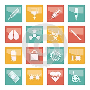 Collection of medical themed icons and warning-signs over colored background
