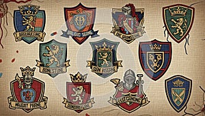 A collection of medieval crests and coats of arms on a parchment background
