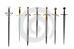 Collection of medieval fantasy swords. 3D rendering isolated on white background