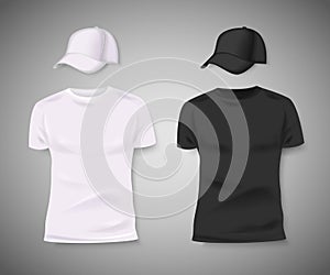 Collection of men black and white t-shirt and baseball cap front side. Blank design for corporate identity. Vector