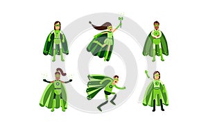 Collection Of Men And Women In Green Superheroe Costumes With Ecological Signes Vector Illustrations