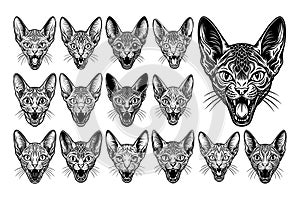 Collection of meowing devon rex cat head illustration vector