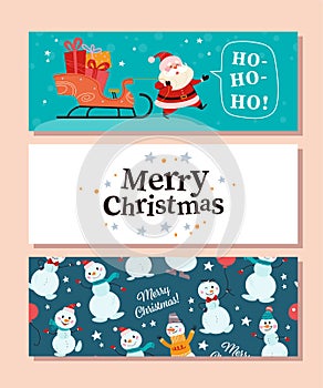 Collection of Merry Christmas congratulation cards with Santa Claus character, sleigh full of presents, snowmen, handwriting