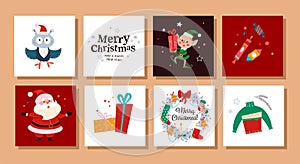 Collection of Merry Christmas congratulation cards with Santa Claus, owl, elf character, gifts, candy, sweater, xmas mistletoe wre