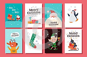 Collection of Merry Christmas congratulation cards with Santa Claus, reindeer, penguin, elf character, xmas stocking, sleigh full