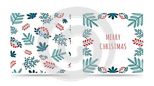 Collection of Merry Christmas greeting card and seamless pattern with winter plants frame in the retro style. Stock