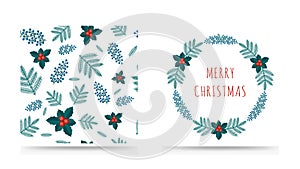 Collection of Merry Christmas greeting card and seamless pattern with winter plants wreath in the retro style. Stock