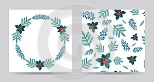 Collection of Merry Christmas greeting card and seamless pattern with winter plants wreath in the retro style. Stock