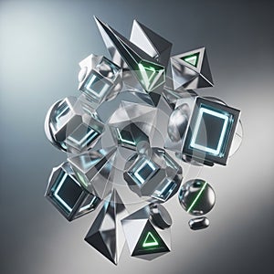 Of metallic geometric shapes floating against a soft gradient