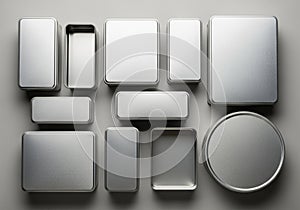 Tins are of various shapes and sizes, including rectangular and