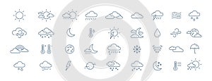 Collection of meteorological icons or symbols for weather forecast - sun, clouds, wind, rain, snow, air temperature