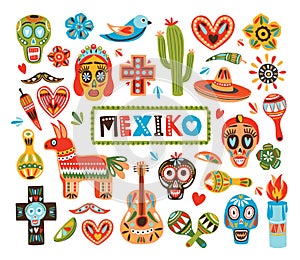 Collection of Mexican national attributes isolated on white background - pinata, sugar skulls, chili pepper, maracas photo