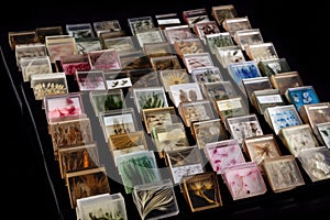 collection of microscope slides, each showcasing a different specimen