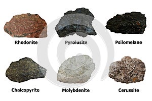 Collection of mineral rocks including Rhodonite , Pyrolusite, Psilomelane, Chalcopyrite, Molybdenite and Cerussite on white